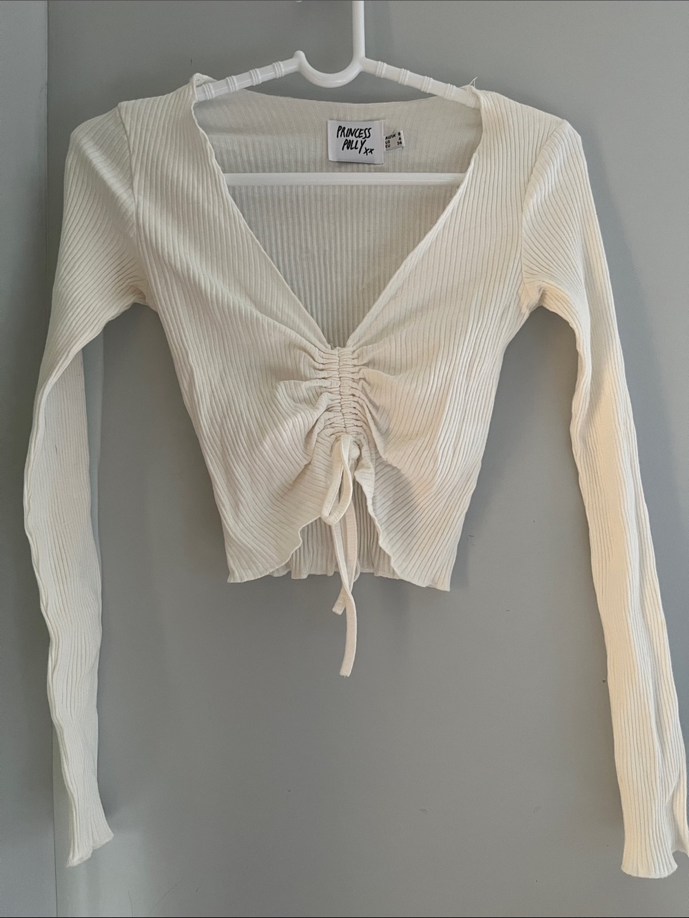 Princess Polly Ivory Ribbed Ruched Drawstring Long Sleeve Top